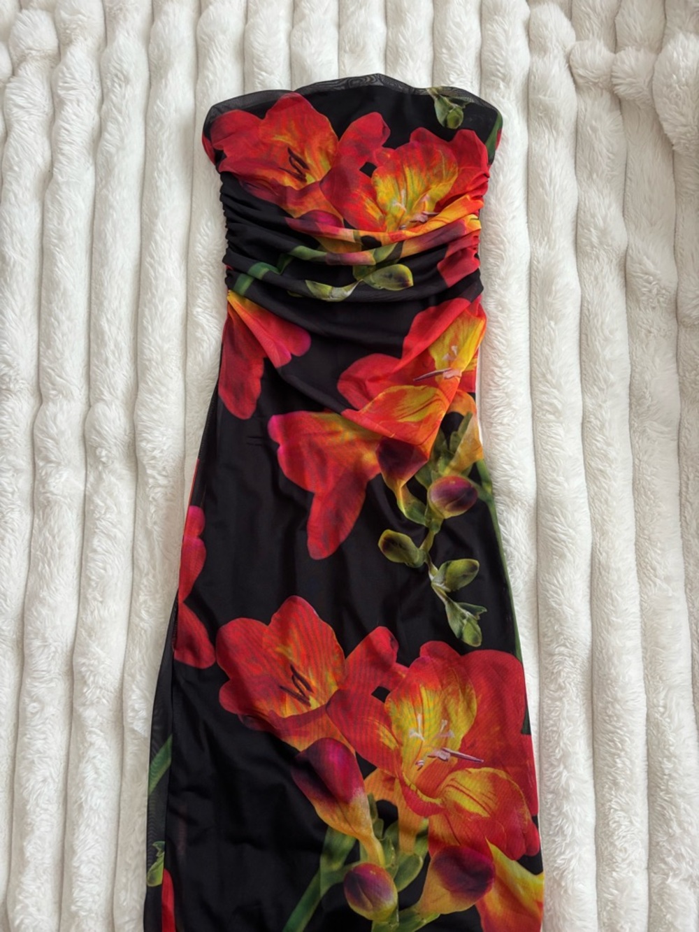 Zara Black Strapless Dress with Red and Orange Floral Print